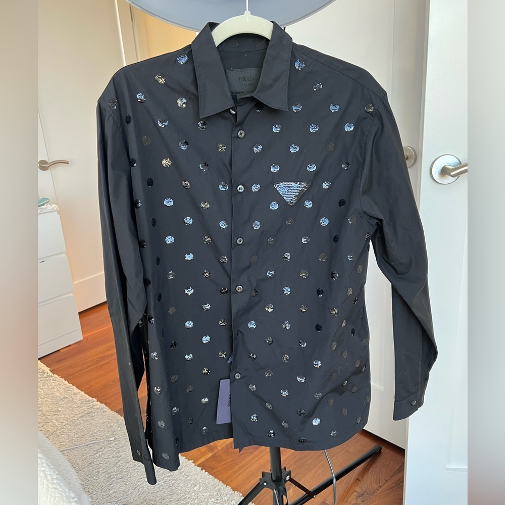 Prada Men’s Sequin-Embellished Logo Shirt